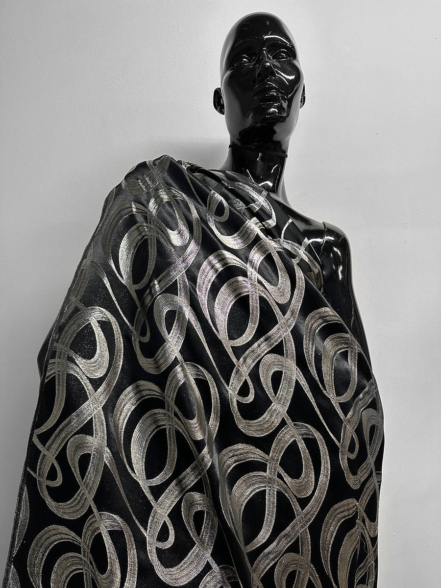 Vintage Black Satin Silver Ribbon Jacquard - L'Etoffe Fabrics LLC