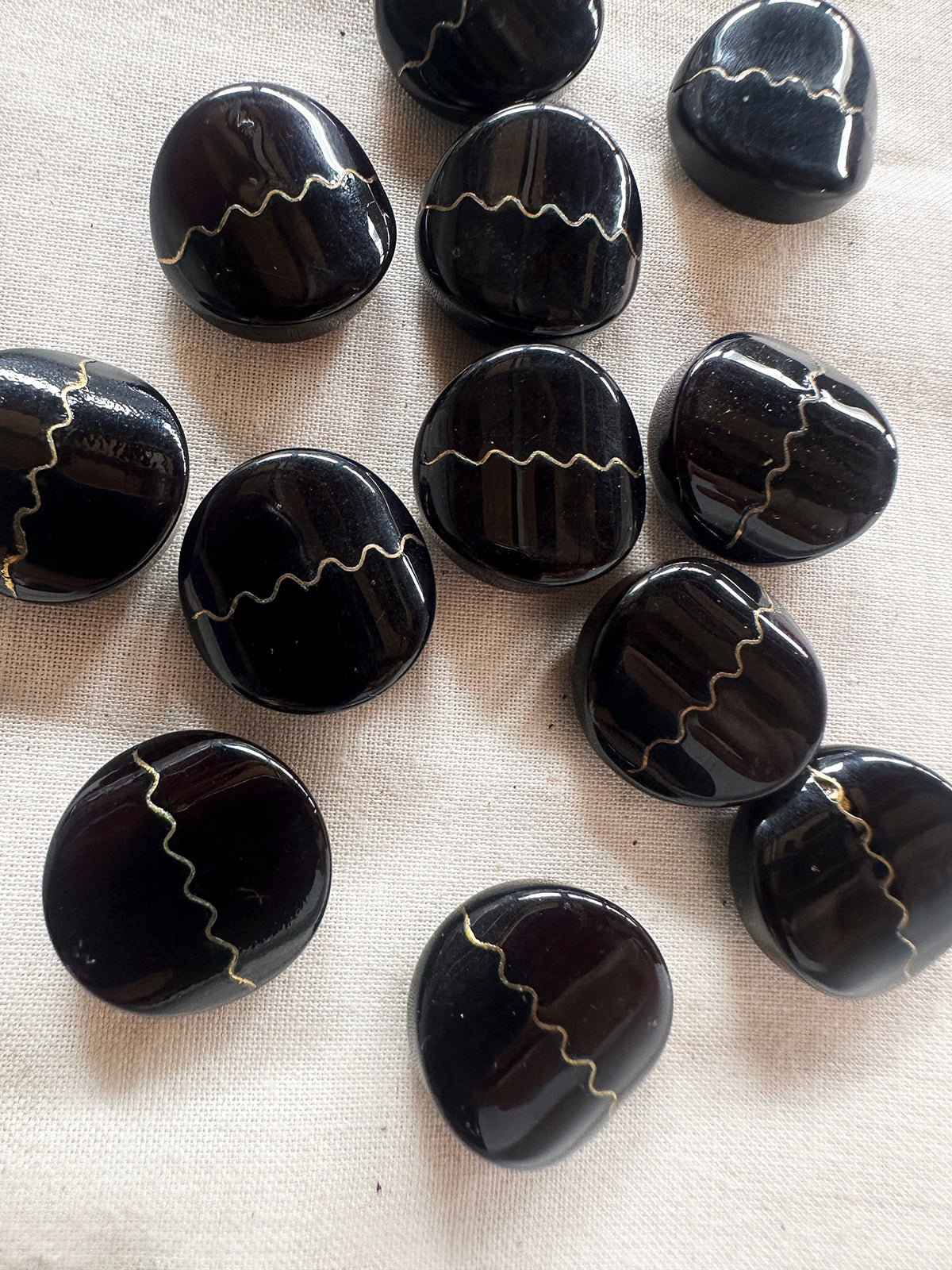 Vintage Italian Black Glossy Oval with Brass Squiggle Stripe - L'Etoffe Fabrics LLC