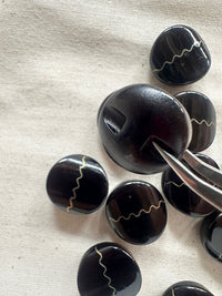 Vintage Italian Black Glossy Oval with Brass Squiggle Stripe - L'Etoffe Fabrics LLC