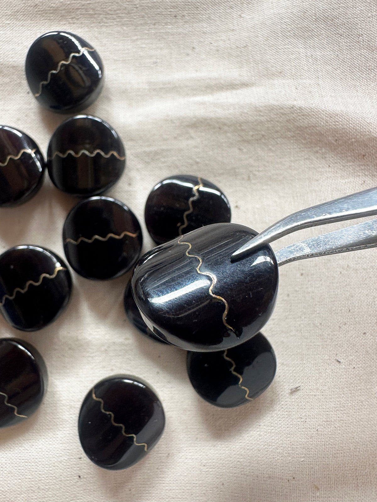 Vintage Italian Black Glossy Oval with Brass Squiggle Stripe - L'Etoffe Fabrics LLC