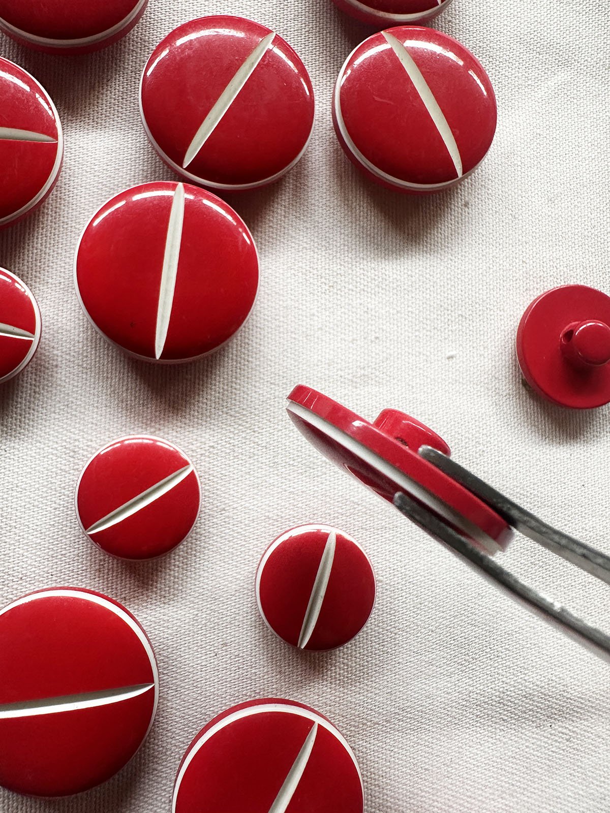 Vintage Italian Buttons Red Lacquer Carved Ivory Pinstripe - L'Etoffe Fabrics LLC