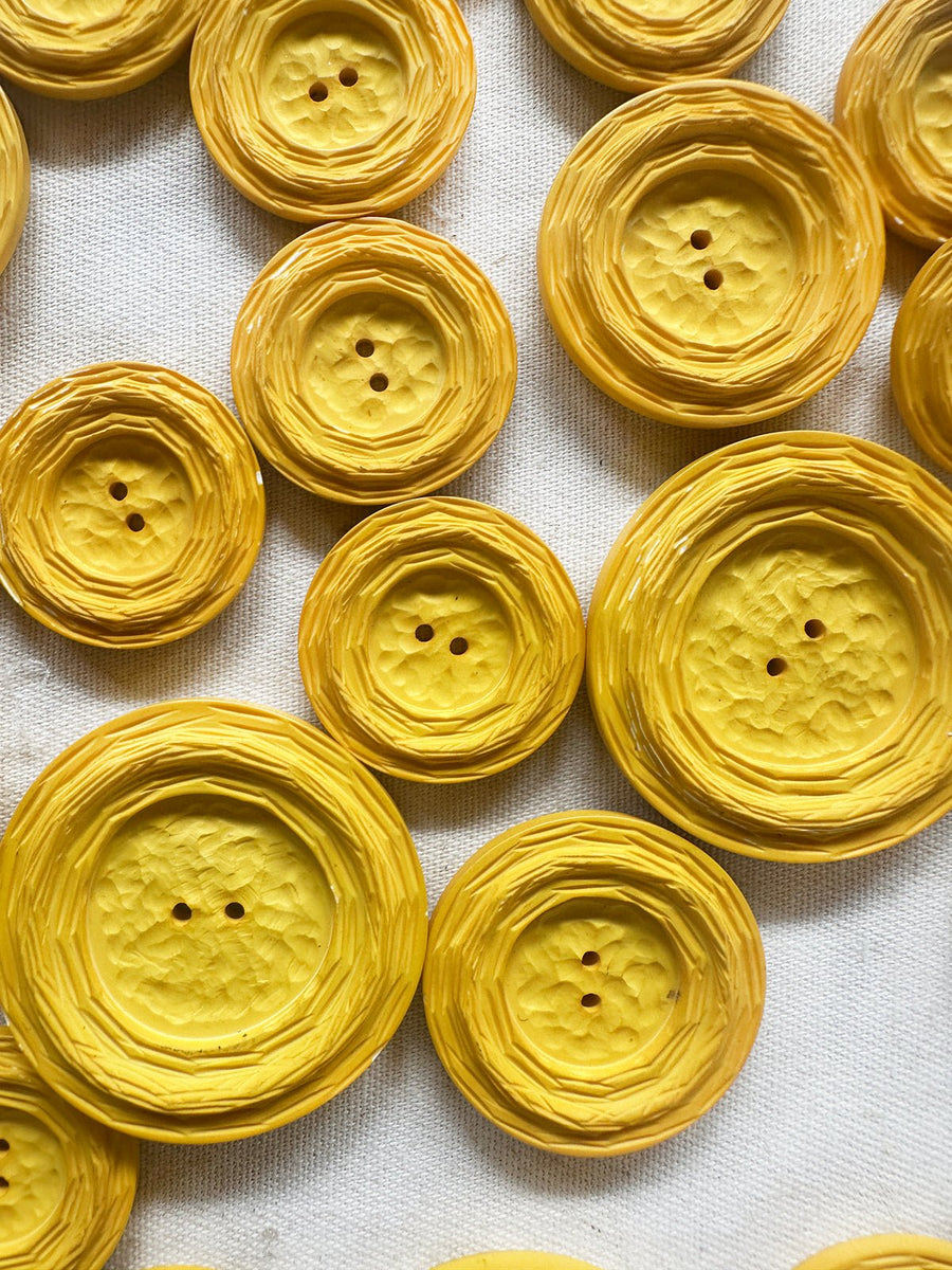 Vintage Italian Canary Yellow Carved Textured 2 Hole Buttons - L'Etoffe Fabrics LLC