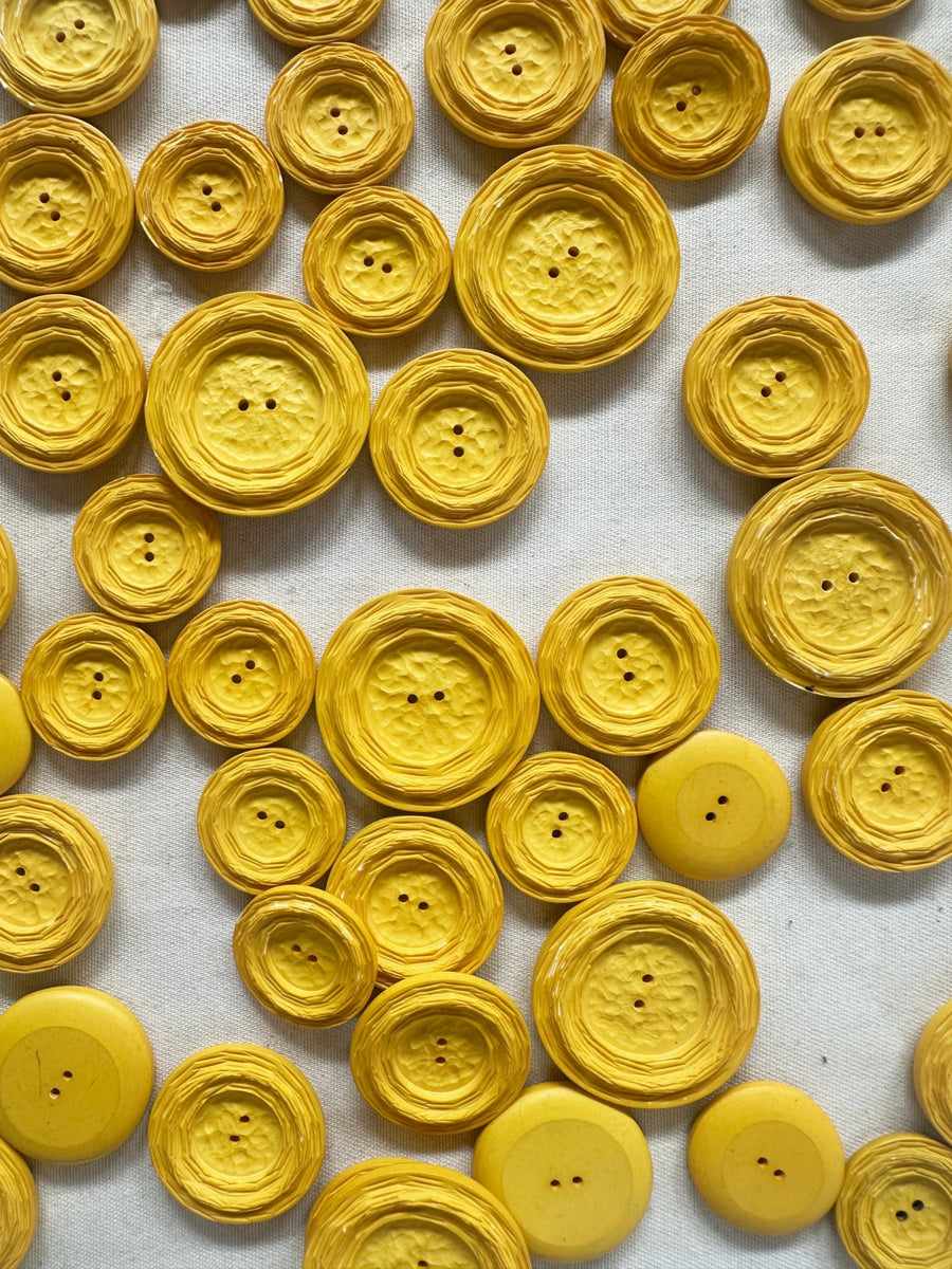 Vintage Italian Canary Yellow Carved Textured 2 Hole Buttons - L'Etoffe Fabrics LLC