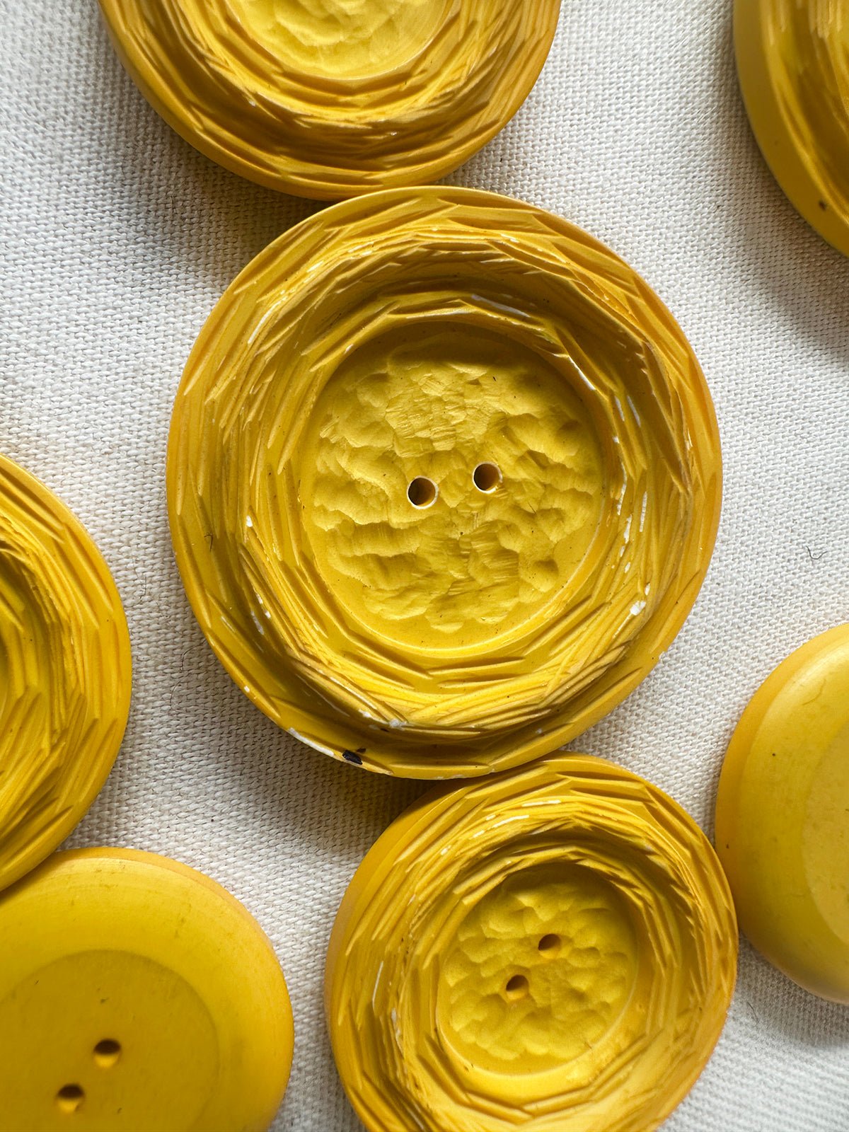 Vintage Italian Canary Yellow Carved Textured 2 Hole Buttons - L'Etoffe Fabrics LLC