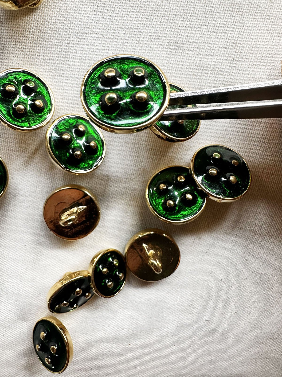 Vintage Italian Green Enamel and Gold Dot Buttons - L'Etoffe Fabrics LLC