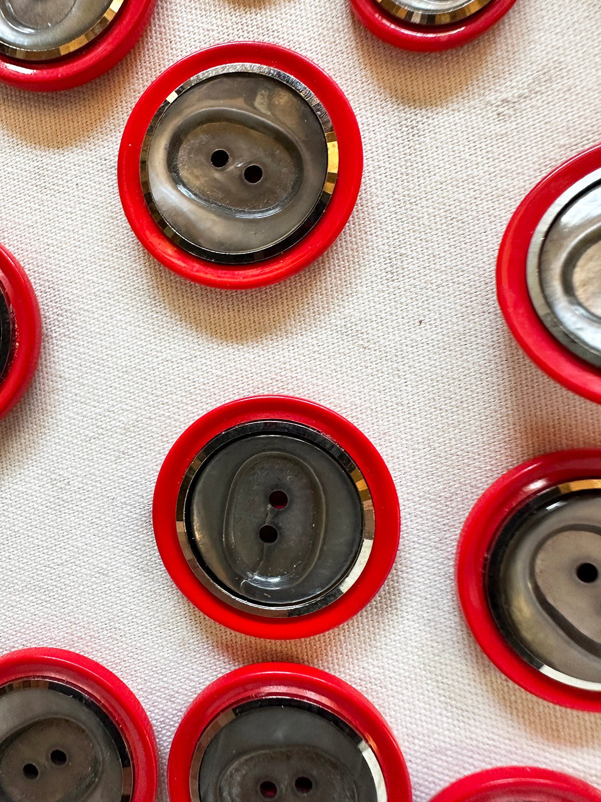 Vintage Italian Space Age 1960's Red Facet Rimmed Shell Buttons - L'Etoffe Fabrics LLC