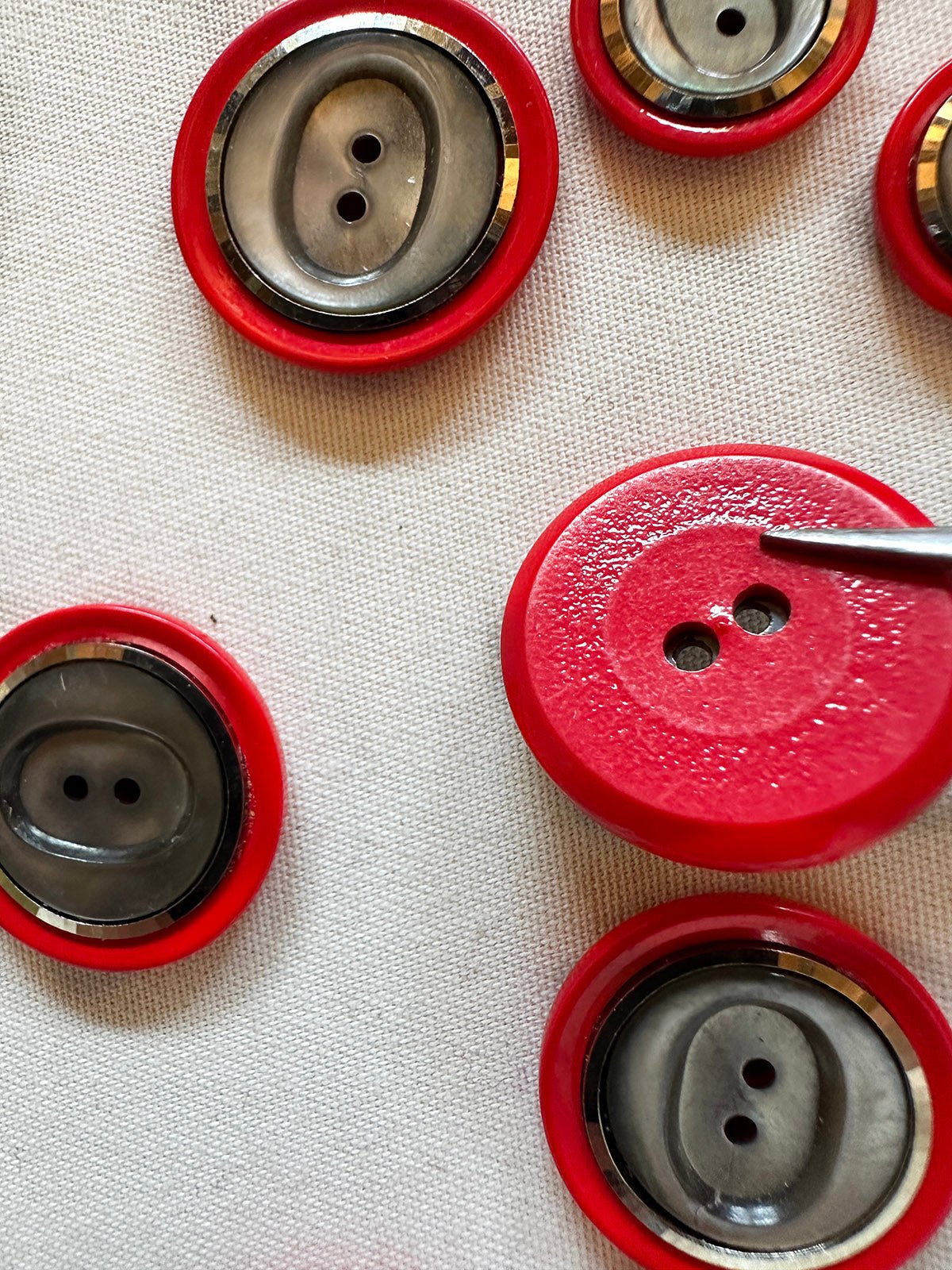 Vintage Italian Space Age 1960's Red Facet Rimmed Shell Buttons - L'Etoffe Fabrics LLC