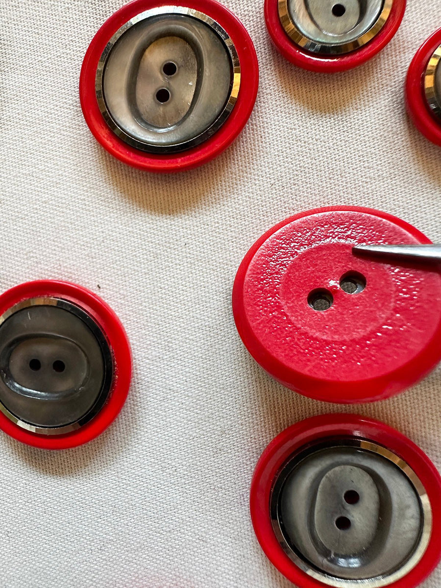 Vintage Italian Space Age 1960's Red Facet Rimmed Shell Buttons - L'Etoffe Fabrics LLC