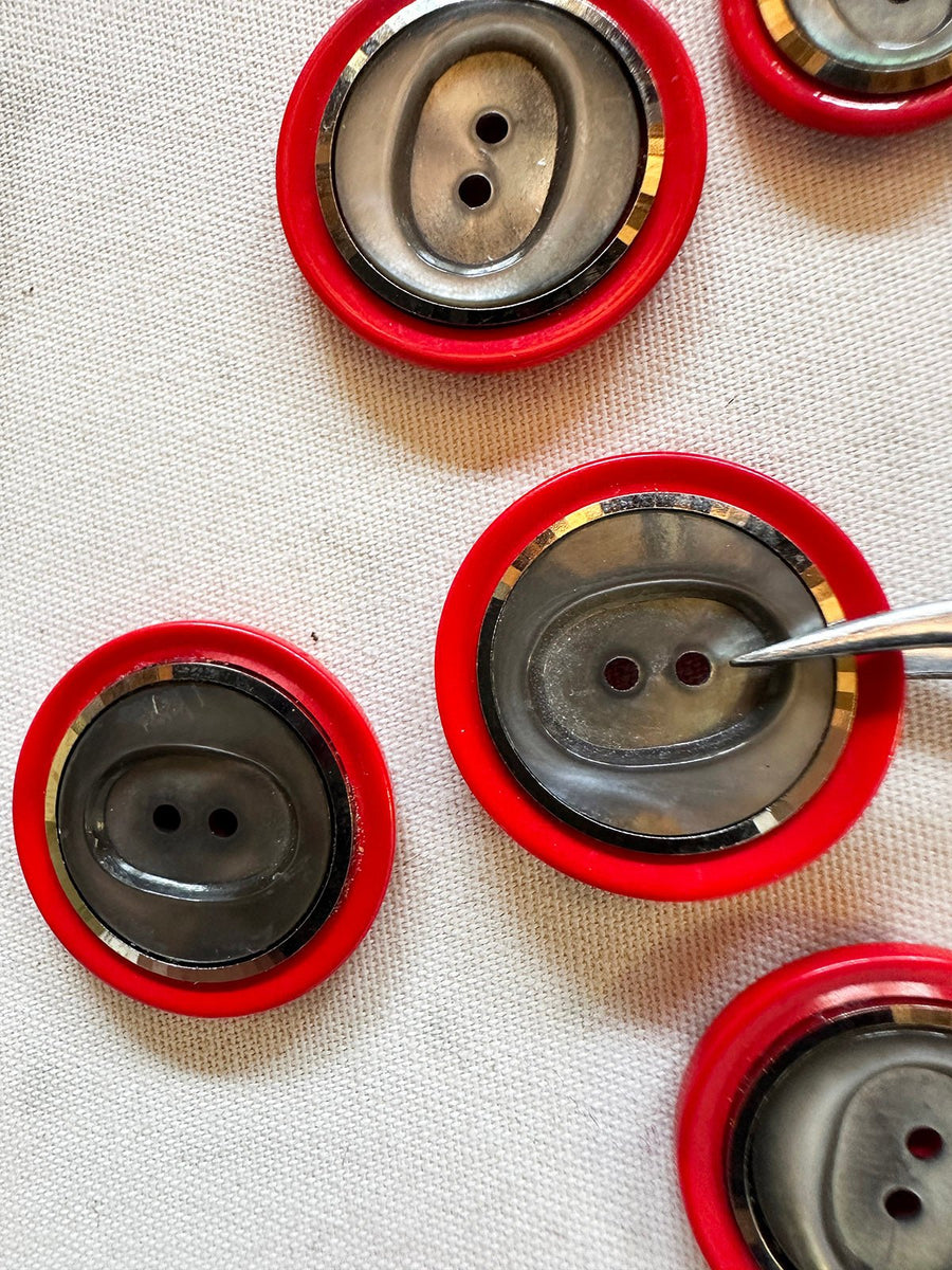 Vintage Italian Space Age 1960's Red Facet Rimmed Shell Buttons - L'Etoffe Fabrics LLC