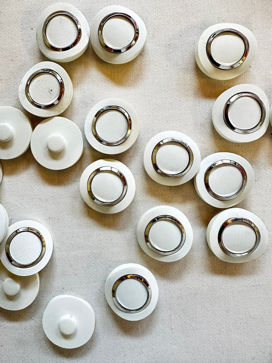Vintage Italian Space Age White Chrome Buttons - L'Etoffe Fabrics LLC