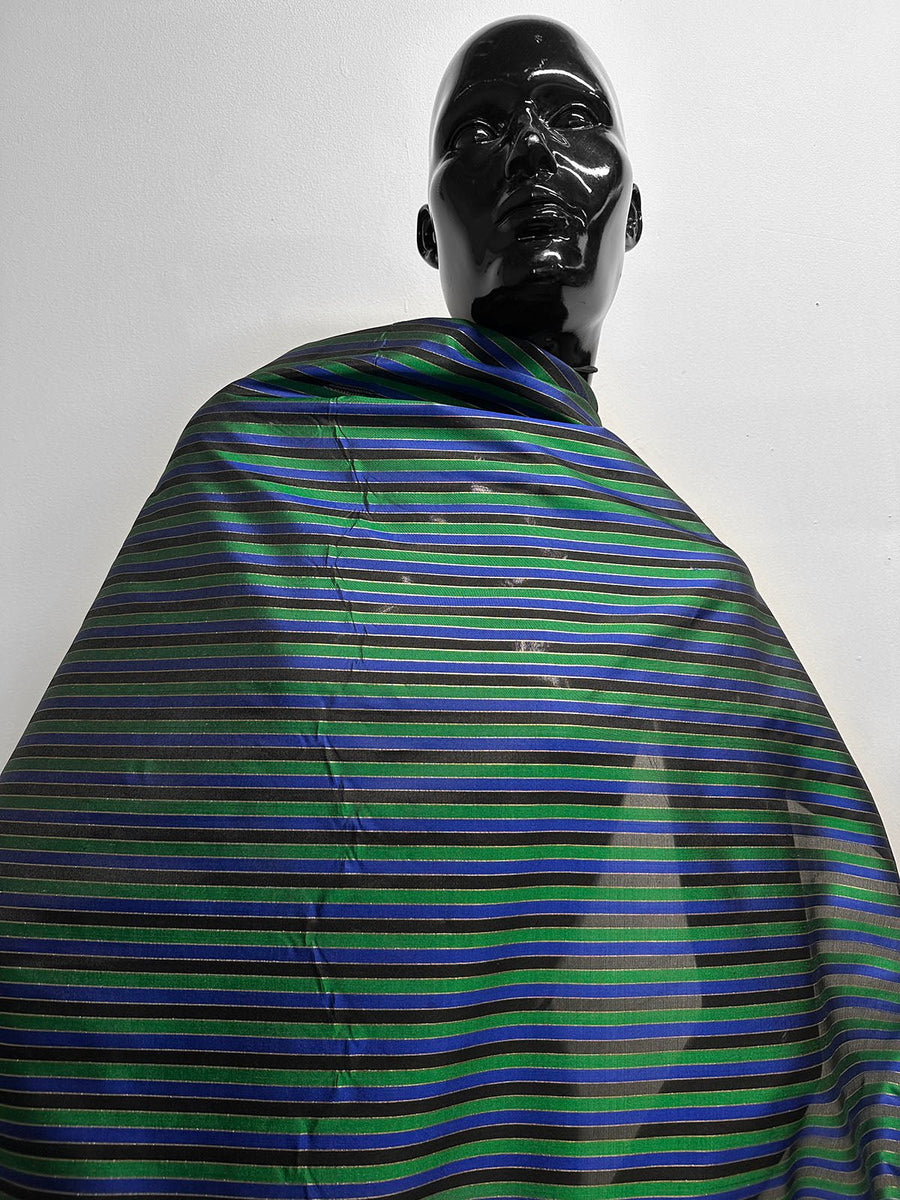 Vintage Silk Striped Blue Gold Green Organza - L'Etoffe Fabrics LLC