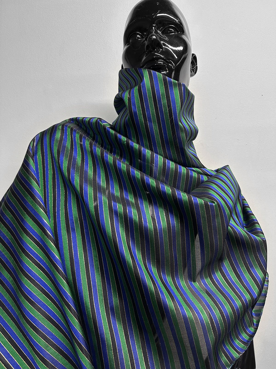 Vintage Silk Striped Blue Gold Green Organza - L'Etoffe Fabrics LLC